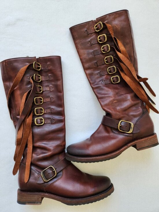 Frye Shoes - Frye Veronica Strap Brown Leather Tall Riding Boots Boho Western Festival Folk